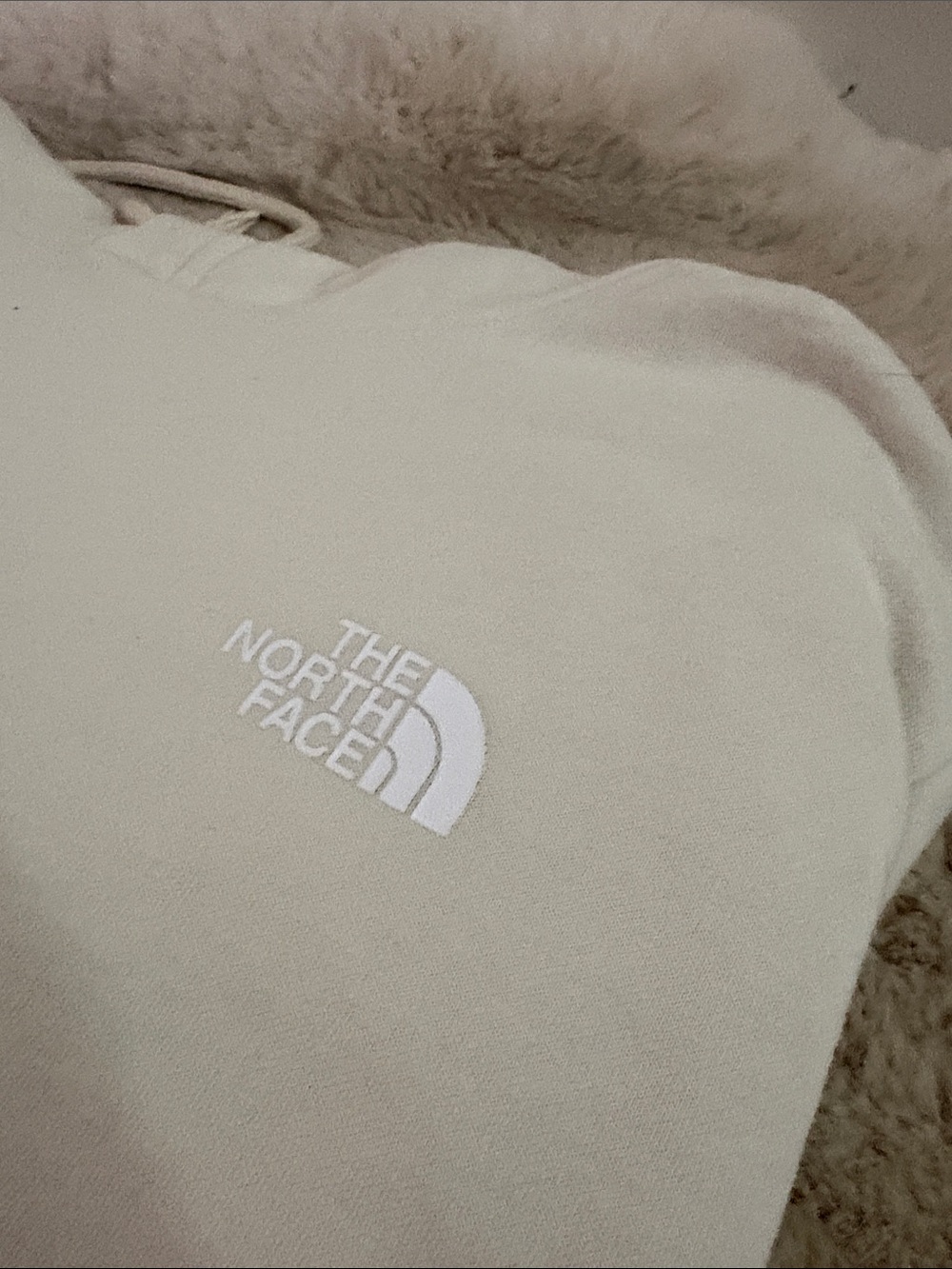 The North Face Cream hoodie green camouflage back logo